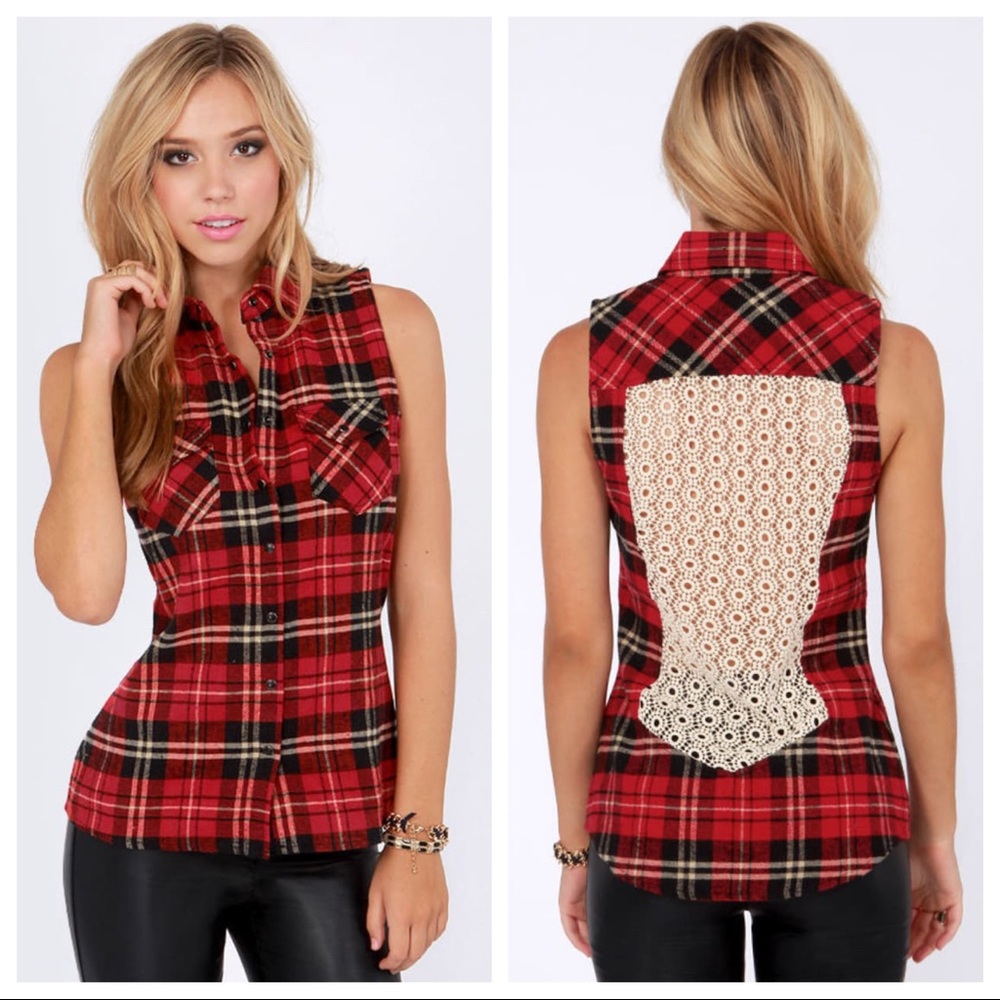 White Crow Ramona Red sleeveless flannel shirt with lace inset